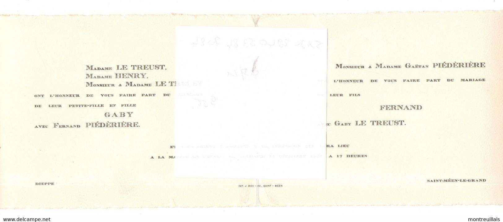 Faire-part Mariage 1954, LE TREUST Et PIEDERIERE, DIEPPE Et SAINT-MEEN-LE-GRAND, (35), Ille Et Villaine - Nieuwjaar