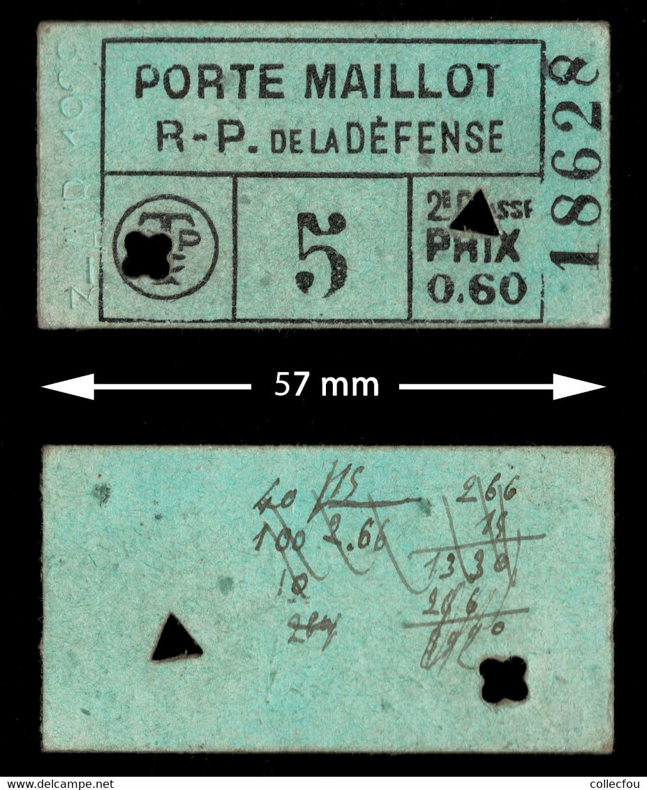 Ticket Billet TRAMWAY Paris De La STCRP, Porte Maillot - La Défense, 1928. Voir Photo Recto Verso. - Europe