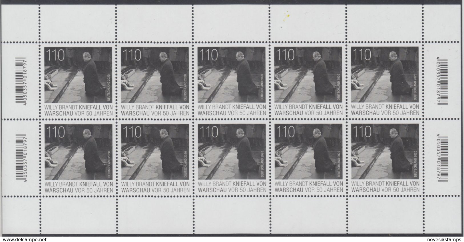 !a! GERMANY 2020 Mi. 3579 MNH SHEET(10) - Willy Brandt; Warsaw Genuflection - 2011-2020