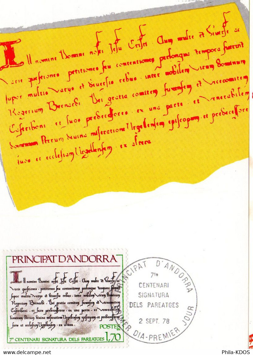 " 700 ANS DE LA SIGNATURE DES PAREAGES " Sur Carte Maximum D'ANDORRE De 1978 N° YT 273. Parfait état CM - Cartas Máxima