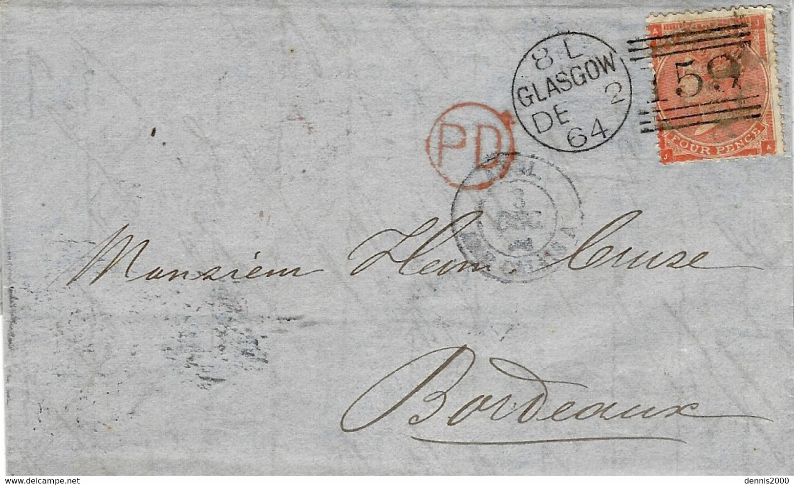 1864 - Letter From GLASGOW  To Bordeaux ( France  Fr. 4 P. Pl.  9 - Covers & Documents