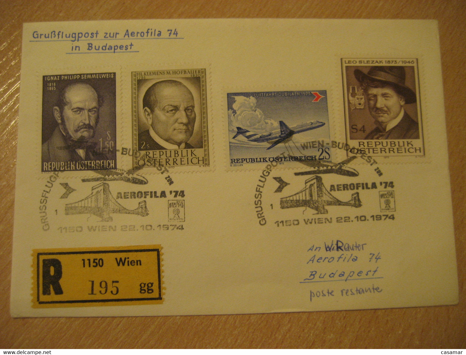 BUDAPEST Wien 1974 First Flight Cancel Registered Cover HUNGARY AUSTRIA - Storia Postale
