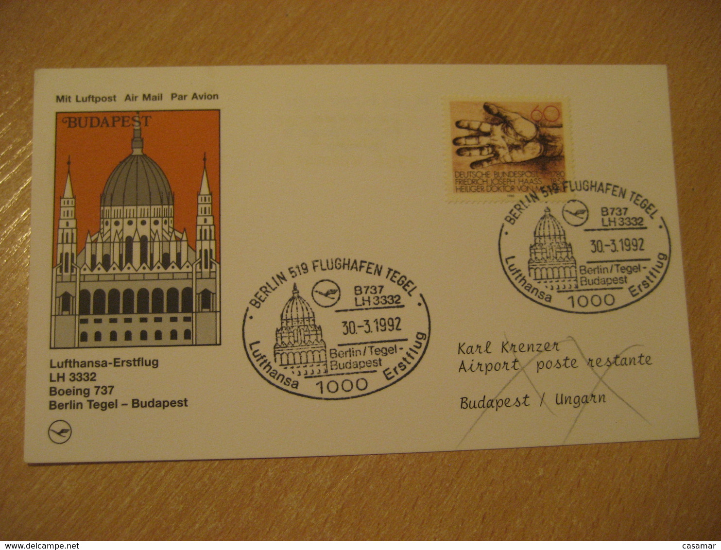 BUDAPEST Berlin Tegel 1992 Lufthansa Airlines Airline Boeing 737 First Flight Black Cancel Card HUNGARY GERMANY - Cartas & Documentos