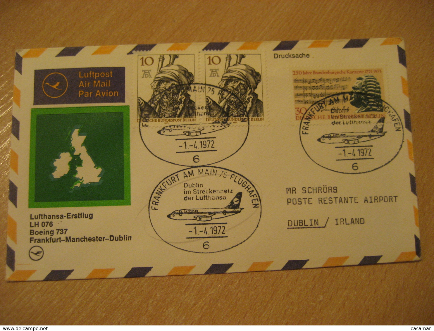 DUBLIN Manchester Frankfurt 1972 Lufthansa Airlines Airline Boeing 737 First Flight Cancel Cover IRELAND ENGLAND GERMANY - Luftpost