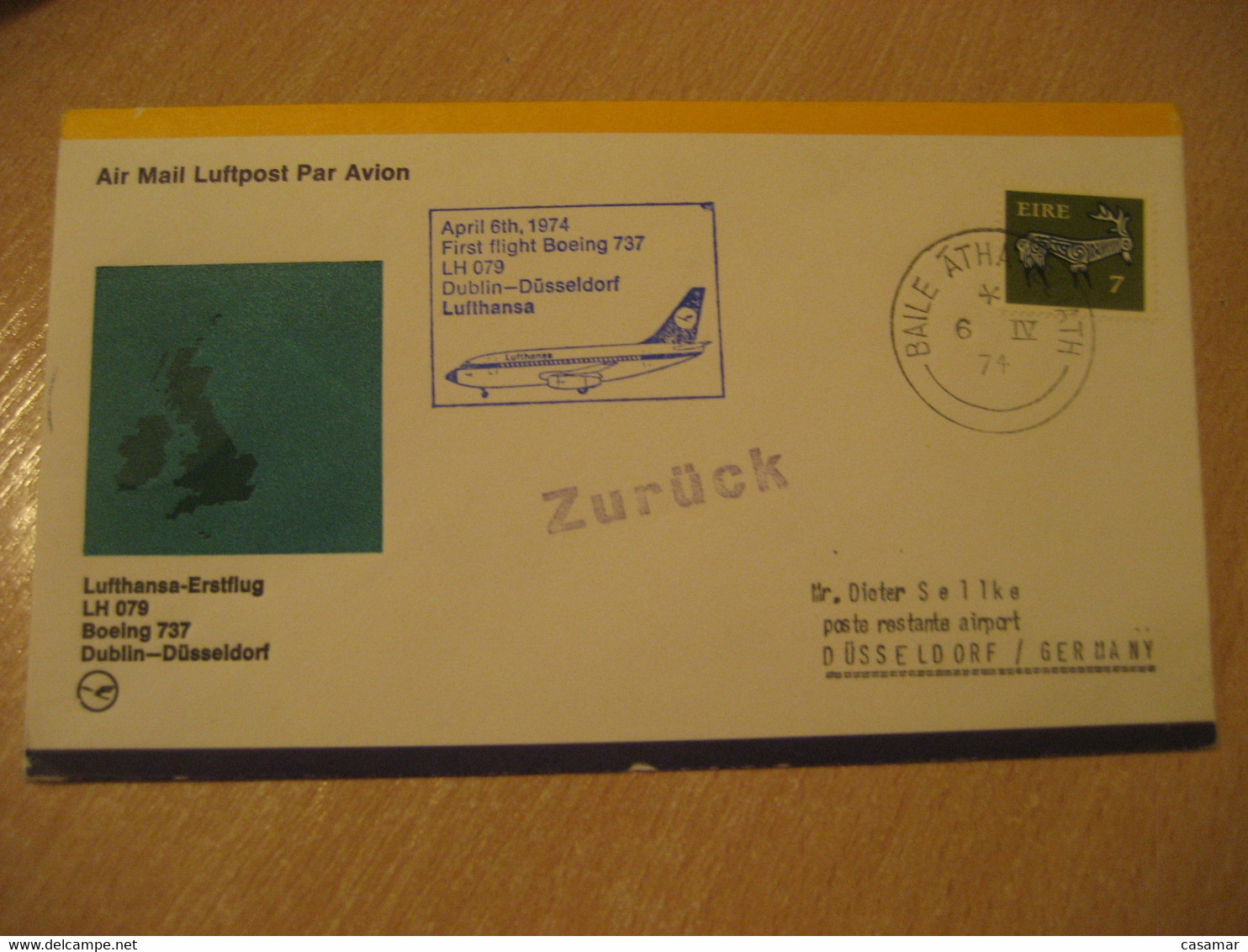 DUBLIN Dusseldorf 1974 Lufthansa Airlines Airline Boeing 737 LH79 First Flight Cancel Cover IRELAND GERMANY - Airmail