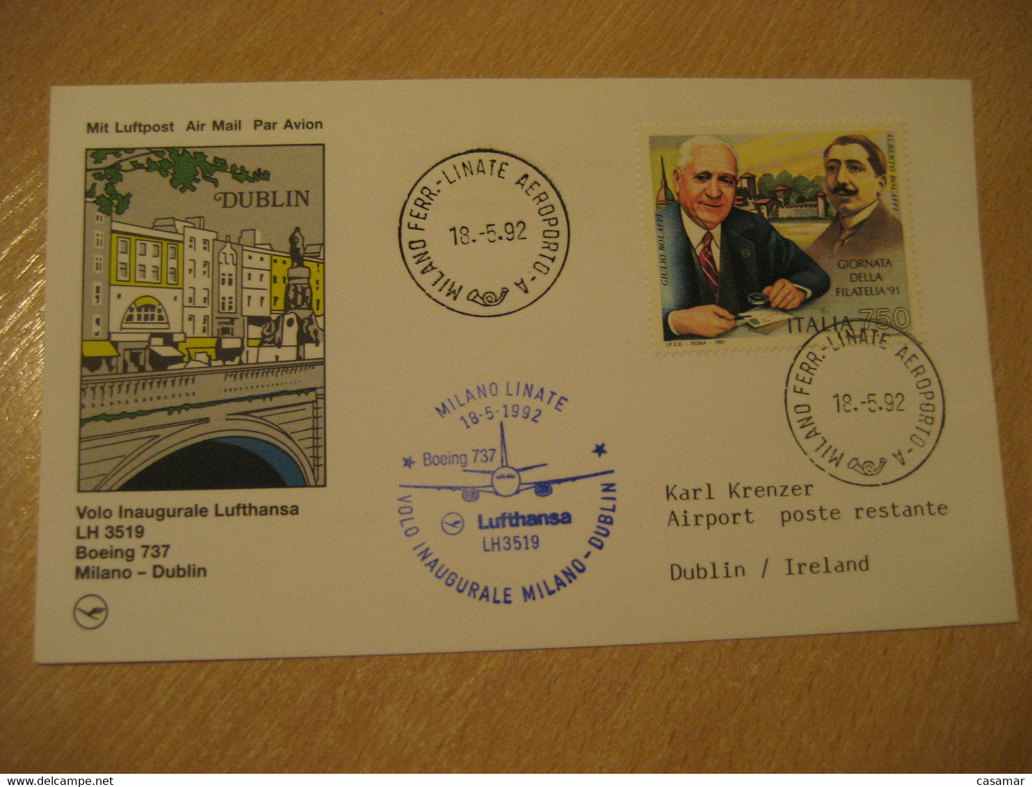 DUBLIN Milan 1992 Lufthansa Airlines Airline Boeing 737 First Flight Blue Cancel Card IRELAND ITALY GERMANY - Airmail