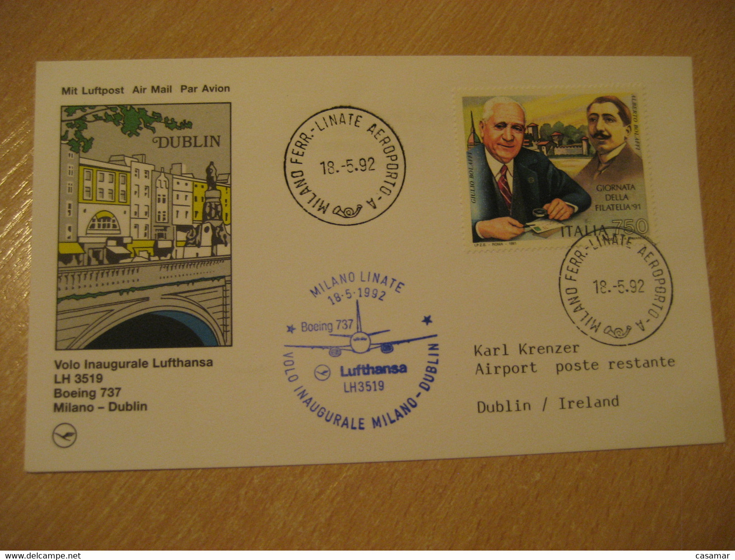 DUBLIN Milan 1992 Lufthansa Airlines Airline Boeing 737 First Flight Blue Cancel Card IRELAND ITALY GERMANY - Poste Aérienne