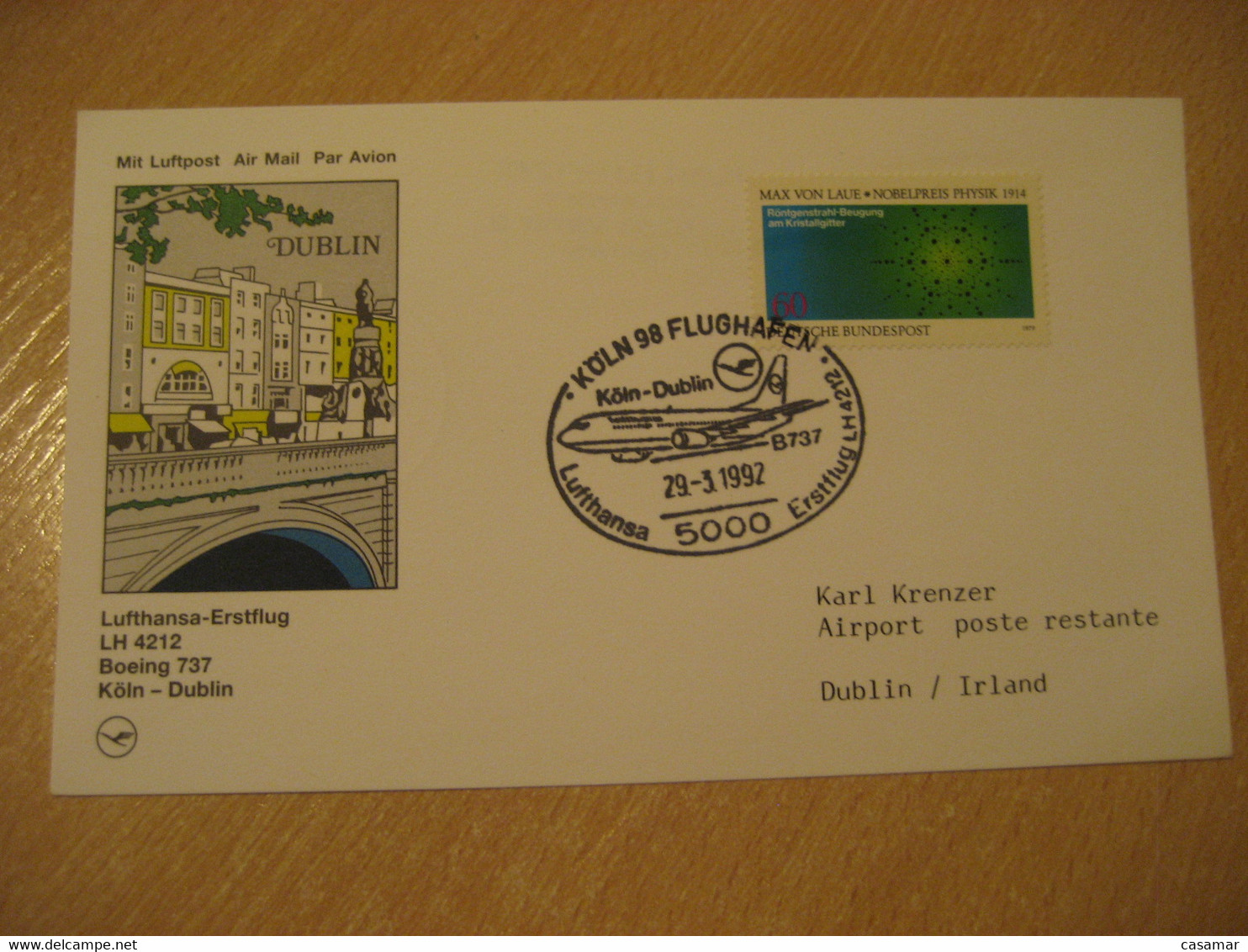 DUBLIN Cologne 1992 Lufthansa Airlines Airline Boeing 737 First Flight Black Cancel Card IRELAND GERMANY - Airmail