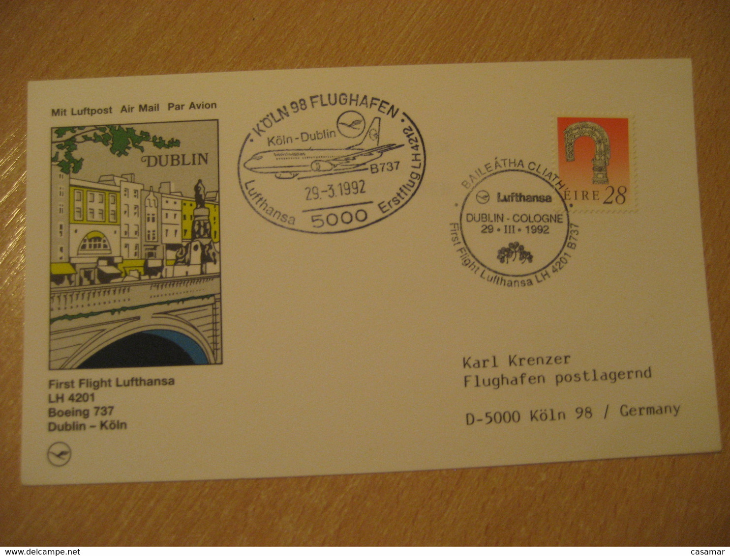 DUBLIN Cologne 1992 Lufthansa Airlines Airline Boeing 737 First Flight Cancel Card IRELAND GERMANY - Poste Aérienne