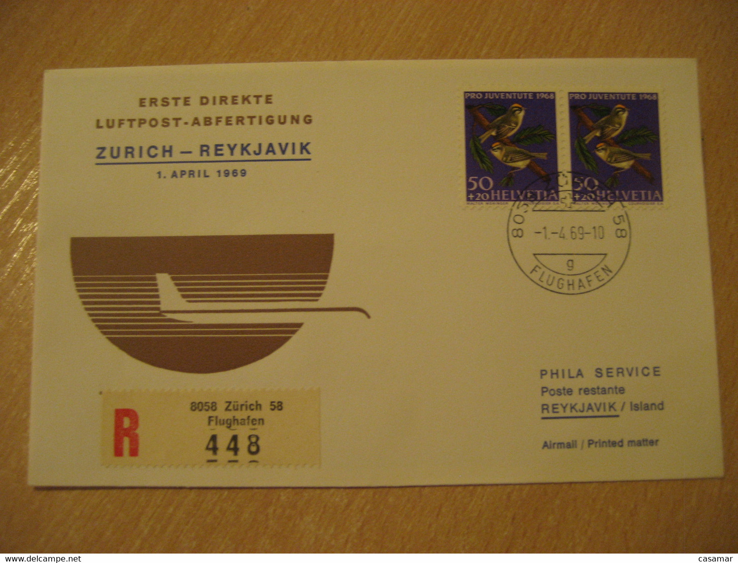 REYKJAVIK Zurich 1969 First Flight Cancel Registered Cover ICELAND SWITZERLAND - Poste Aérienne