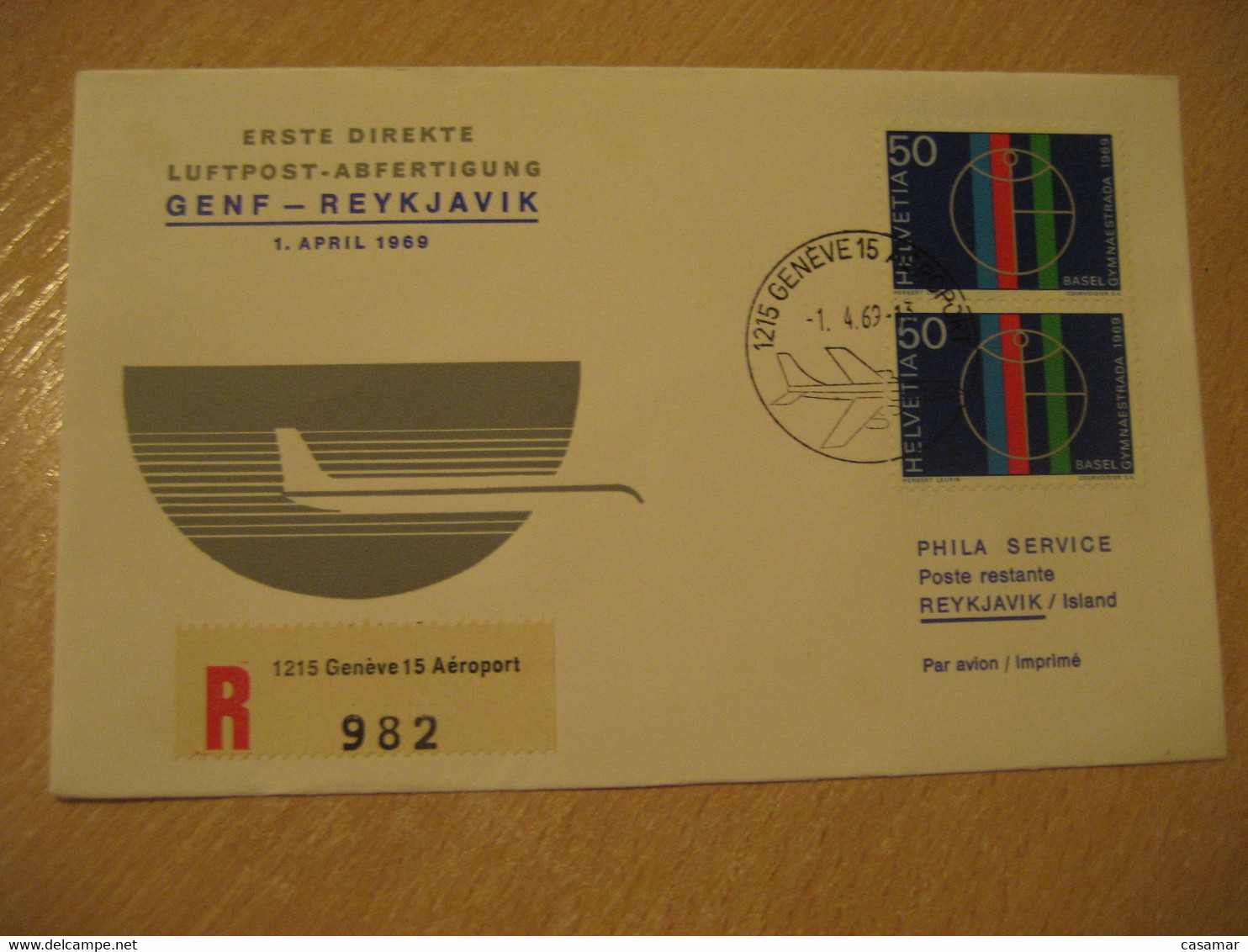 REYKJAVIK Geneve 1969 First Flight Cancel Registered Cover ICELAND SWITZERLAND - Luchtpost