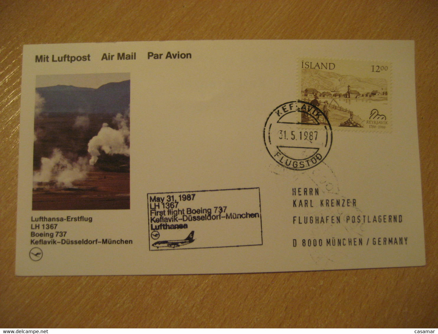 KEFLAVIK Dusseldorf Munich 1987 Lufthansa Airlines Airline Boeing 737 First Flight Black Cancel Card ICELAND GERMANY - Poste Aérienne