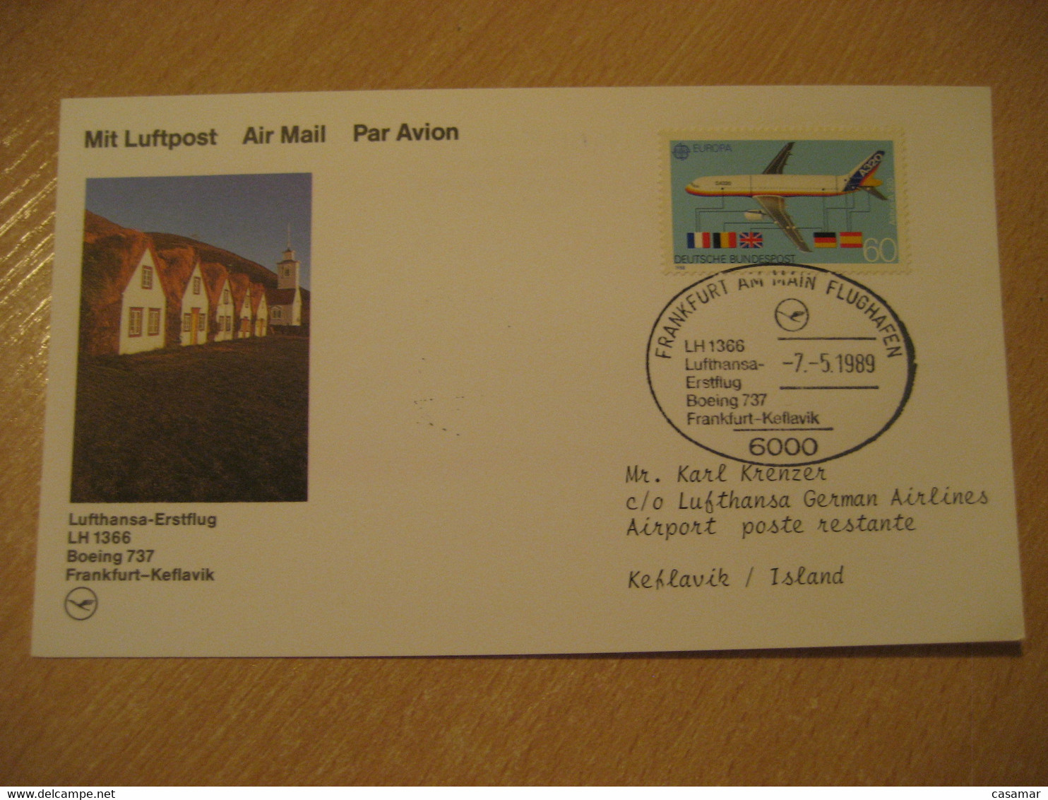 KEFLAVIK Frankfurt 1989 Lufthansa Airlines Airline Boeing 737 First Flight Black Cancel Card ICELAND GERMANY - Poste Aérienne