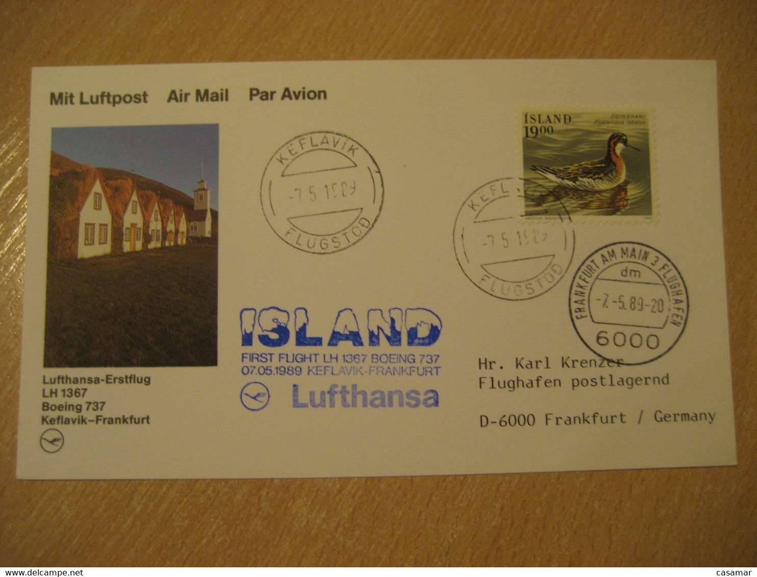 KEFLAVIK Frankfurt 1989 Lufthansa Airlines Airline Boeing 737 First Flight Blue Cancel Card ICELAND GERMANY - Poste Aérienne