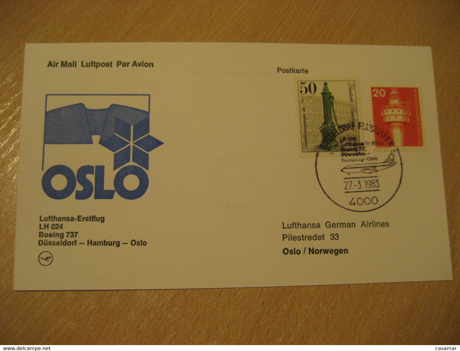 OSLO Dusseldorf Hamburg 1983 Lufthansa Airlines Airline Boeing 737 First Flight Black Cancel Card NORWAY GERMANY - Covers & Documents