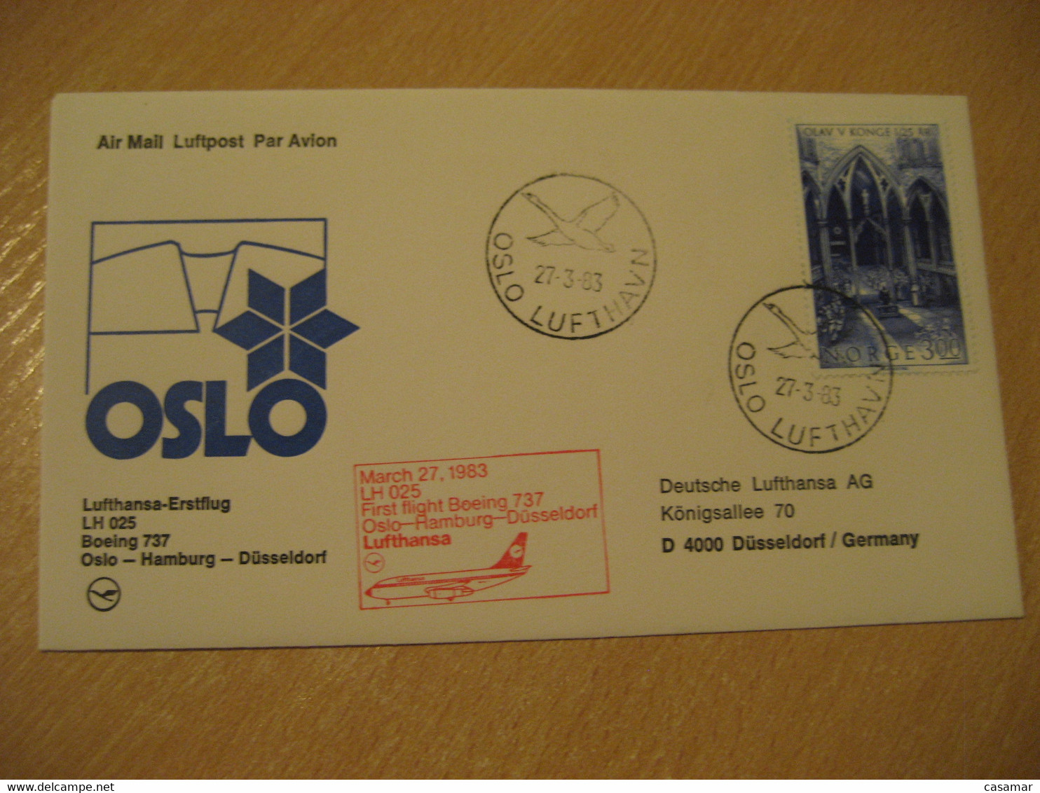 OSLO Dusseldorf Hamburg 1983 Lufthansa Airlines Airline Boeing 737 First Flight Red Cancel Cover NORWAY GERMANY - Covers & Documents