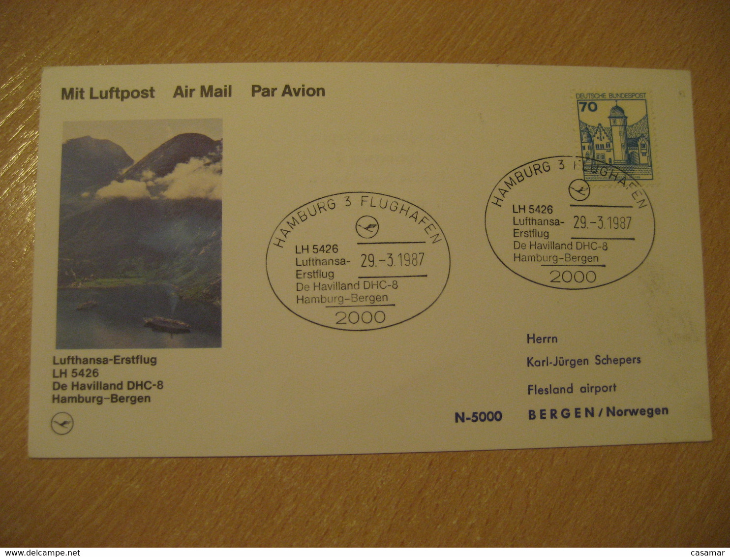 BERGEN Hamburg 1987 Lufthansa Airlines Airline De Havilland DHC-8 First Flight Cancel Card NORWAY GERMANY - Covers & Documents