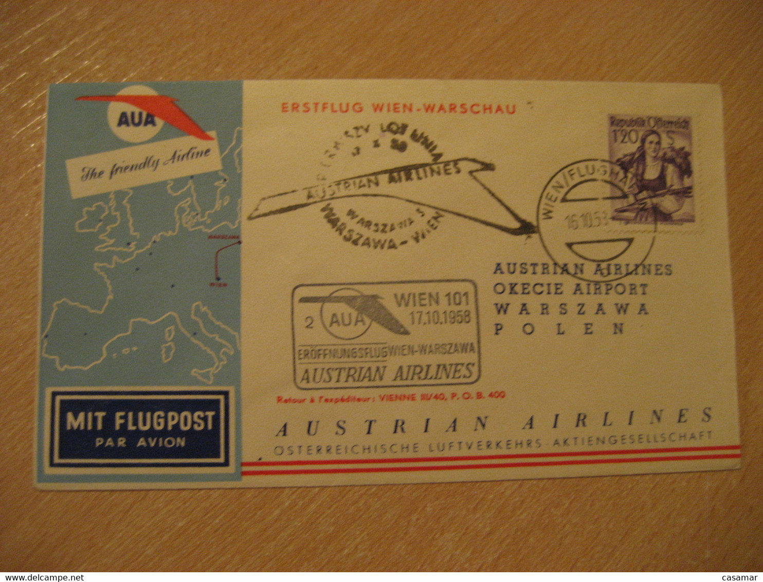 WARSZAWA Warsaw Wien 1958 AUA Austrian Airlines Airline First Flight Cancel Cover POLAND AUSTRIA - Aviones