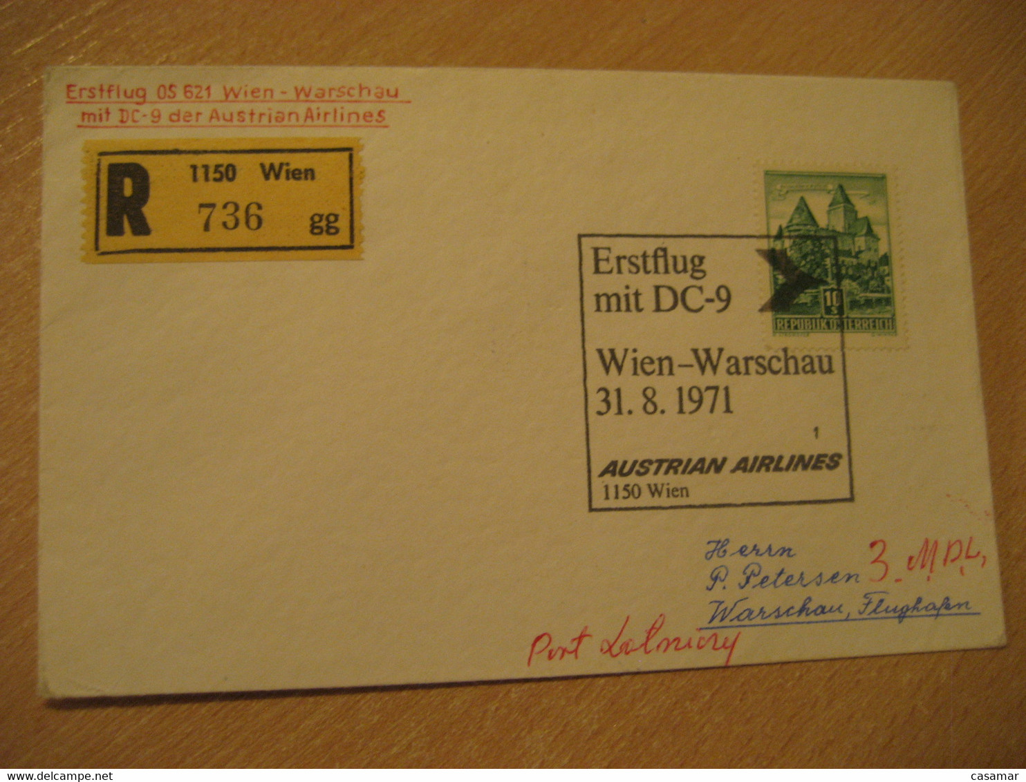 WARSZAWA Warsaw Wien 1971 AUA Austria Airlines Airline DC-9 First Flight Cancel Registered Cover POLAND AUSTRIA - Airplanes