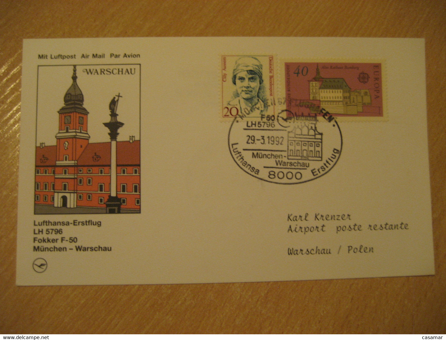 WARSZAWA Warsaw Munich 1992 Lufthansa Airlines Airline Fokker F-50 First Flight Black Cancel Card POLAND GERMANY - Airplanes