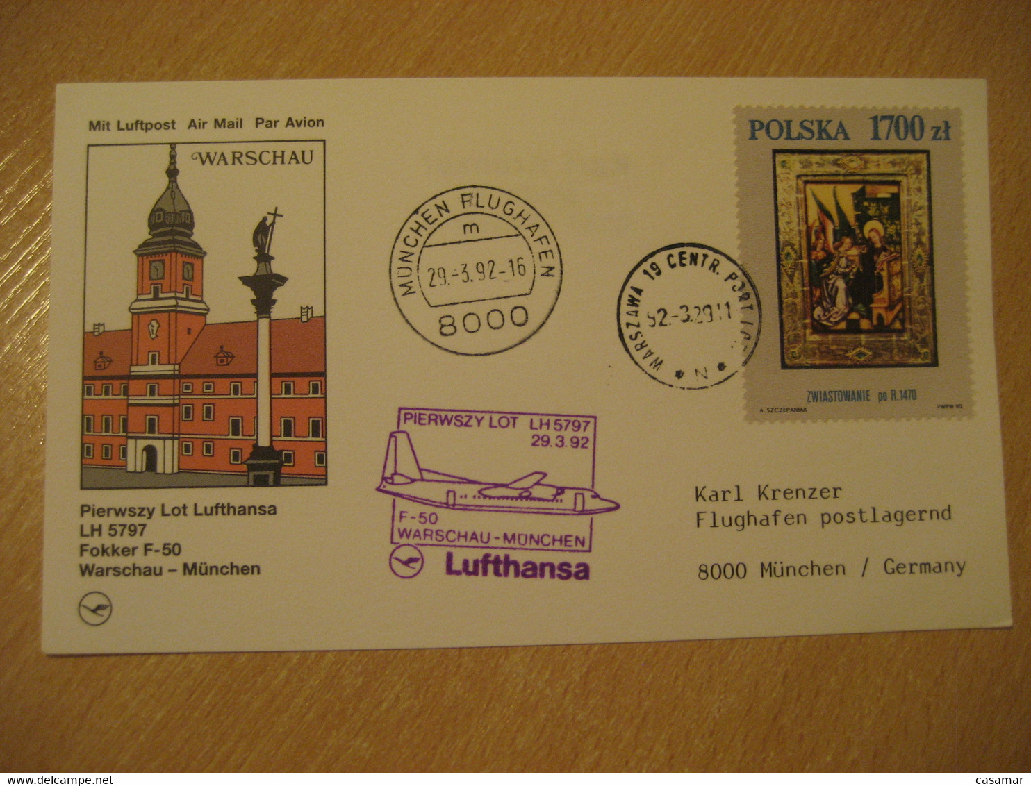 WARSZAWA Warsaw Munich 1992 Lufthansa Airlines Airline Fokker F-50 First Flight Violet Cancel Card POLAND GERMANY - Vliegtuigen