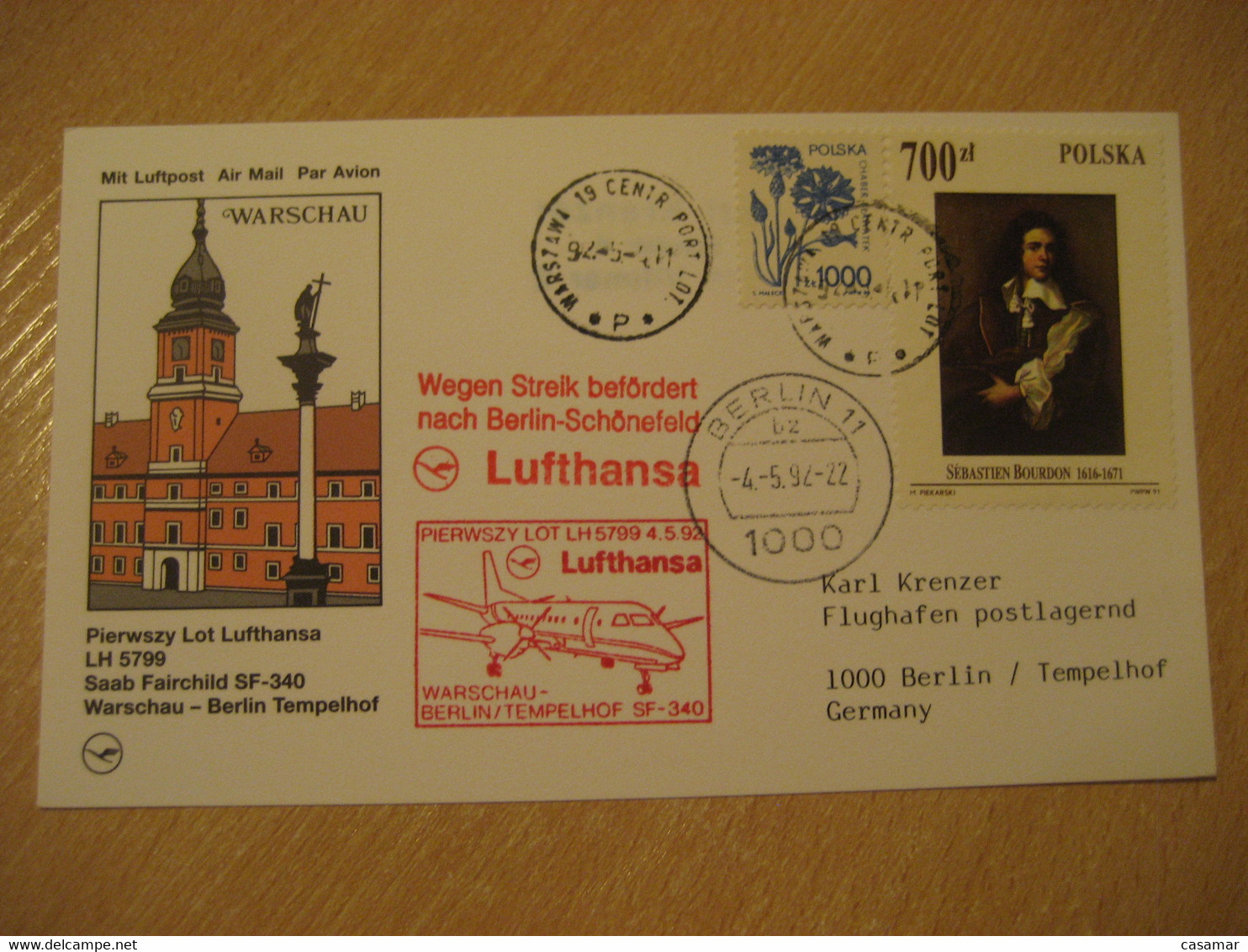 WARSZAWA Warsaw Berlin Tempel 1992 Lufthansa Airlines Saab Fairchild SF-340 First Flight Red Cancel Card POLAND GERMANY - Airplanes