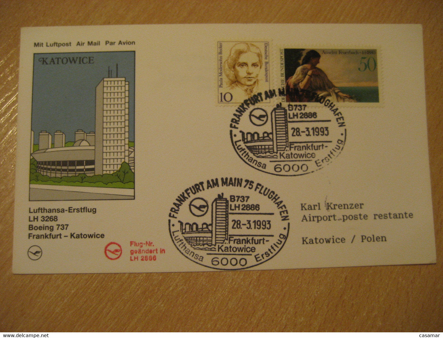 KATOWICE Frankfurt 1993 Lufthansa Airlines Airline Boeing 737 First Flight Black Cancel Card POLAND GERMANY - Posta Aerea