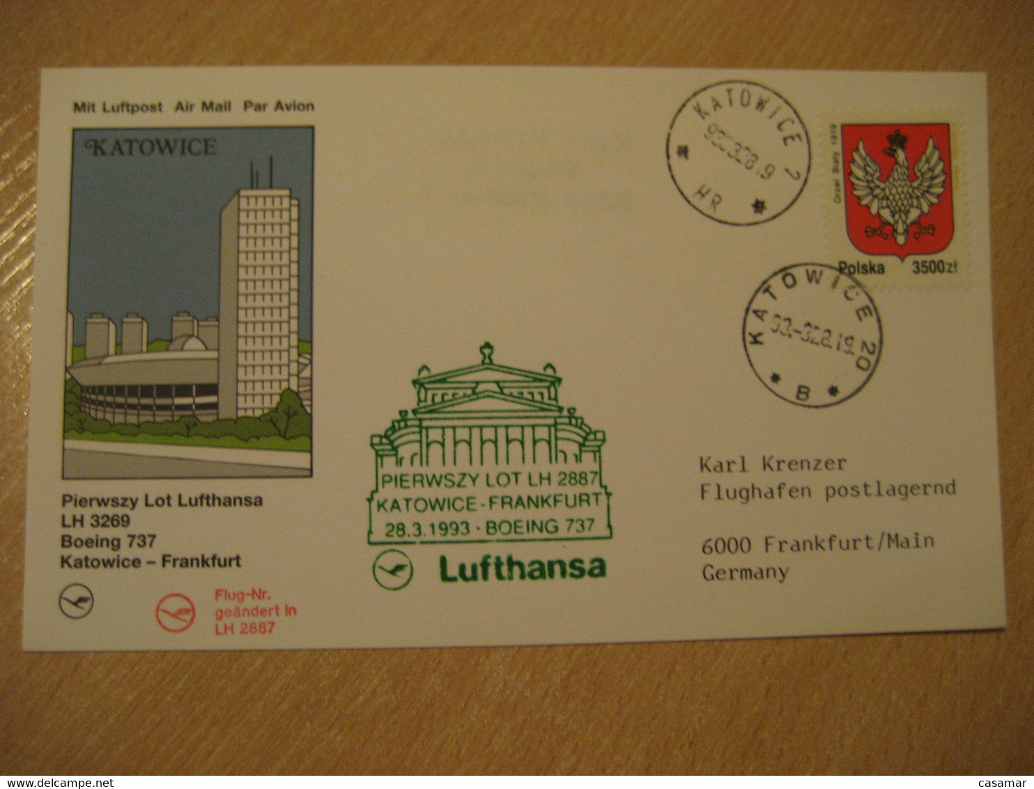 KATOWICE Frankfurt 1993 Lufthansa Airlines Airline Boeing 737 First Flight Green Cancel Card POLAND GERMANY - Flugzeuge