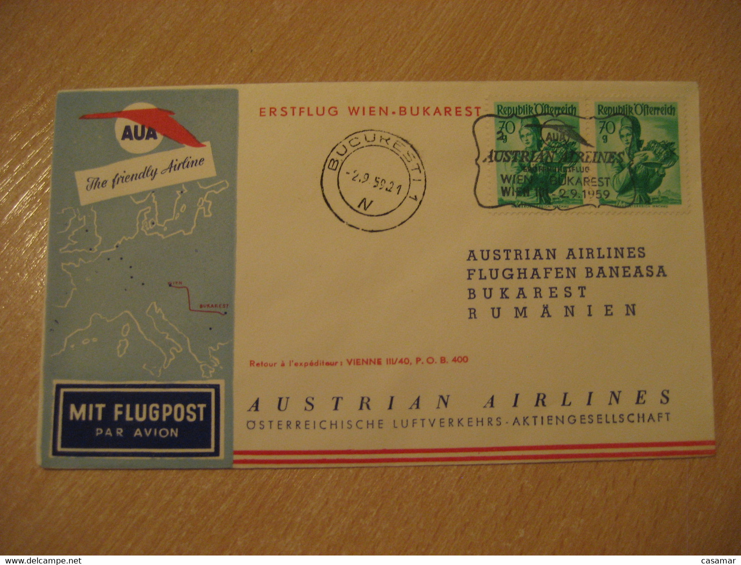 BUCHAREST Wien 1959 AUA Austrian Airlines Airline First Flight Cancel Cover ROMANIA AUSTRIA - Covers & Documents