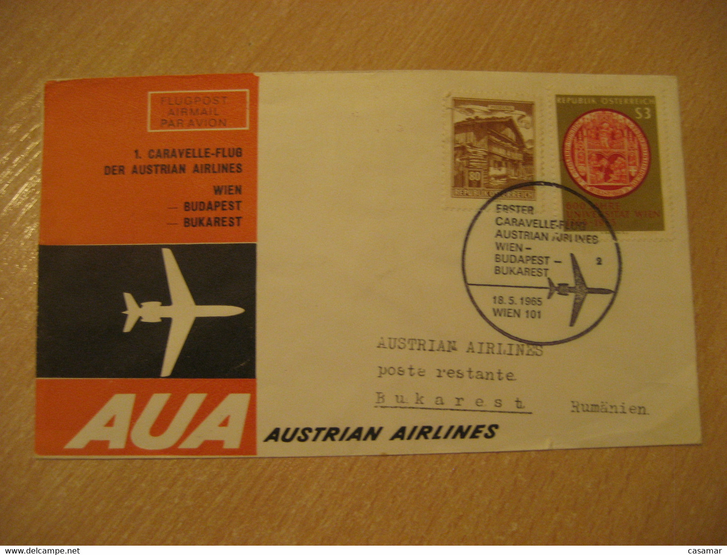 BUCHAREST Budapest Wien 1965 AUA Austrian Airlines Airline Caravelle First Flight Cancel Cover ROMANIA HUNGARY AUSTRIA - Lettres & Documents