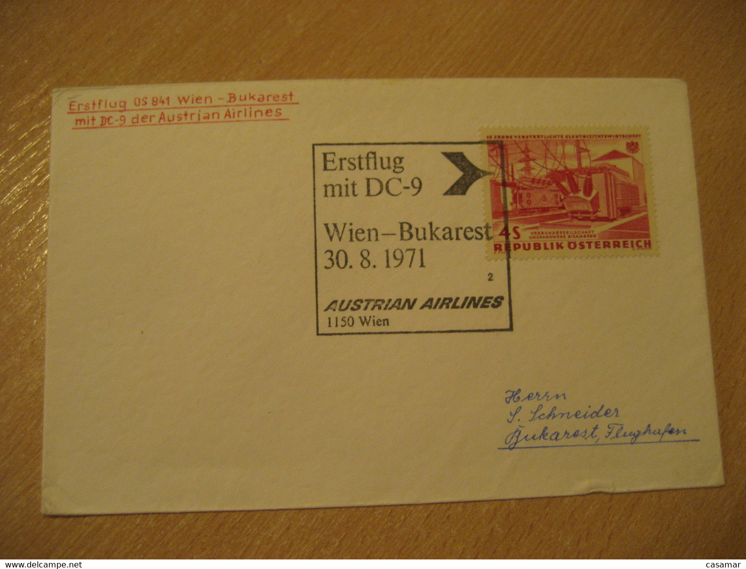 BUCHAREST Wien 1971 AUA Austrian Airlines Airline DC-9 First Flight Cancel Cover ROMANIA AUSTRIA - Covers & Documents