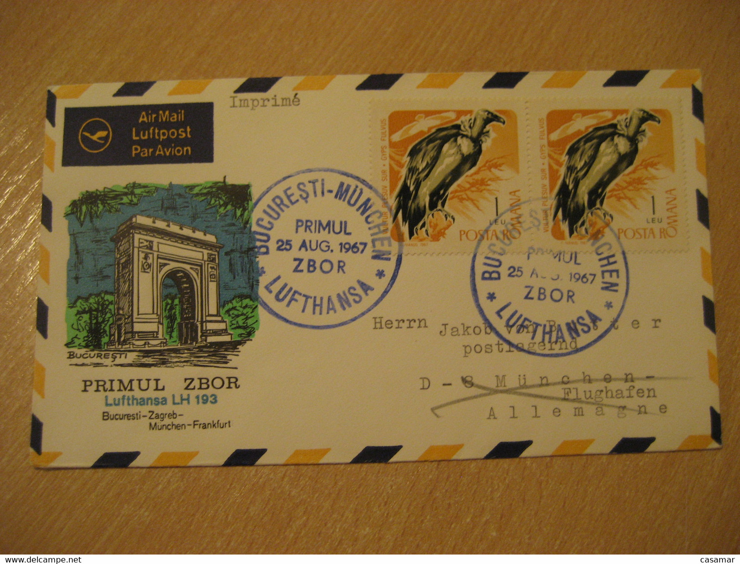 BUCHAREST Zagreb Munich Frank. 1967 Lufthansa Airlines First Flight Blue Cancel Cover ROMANIA YUGOSLAVIA CROATIA GERMANY - Brieven En Documenten