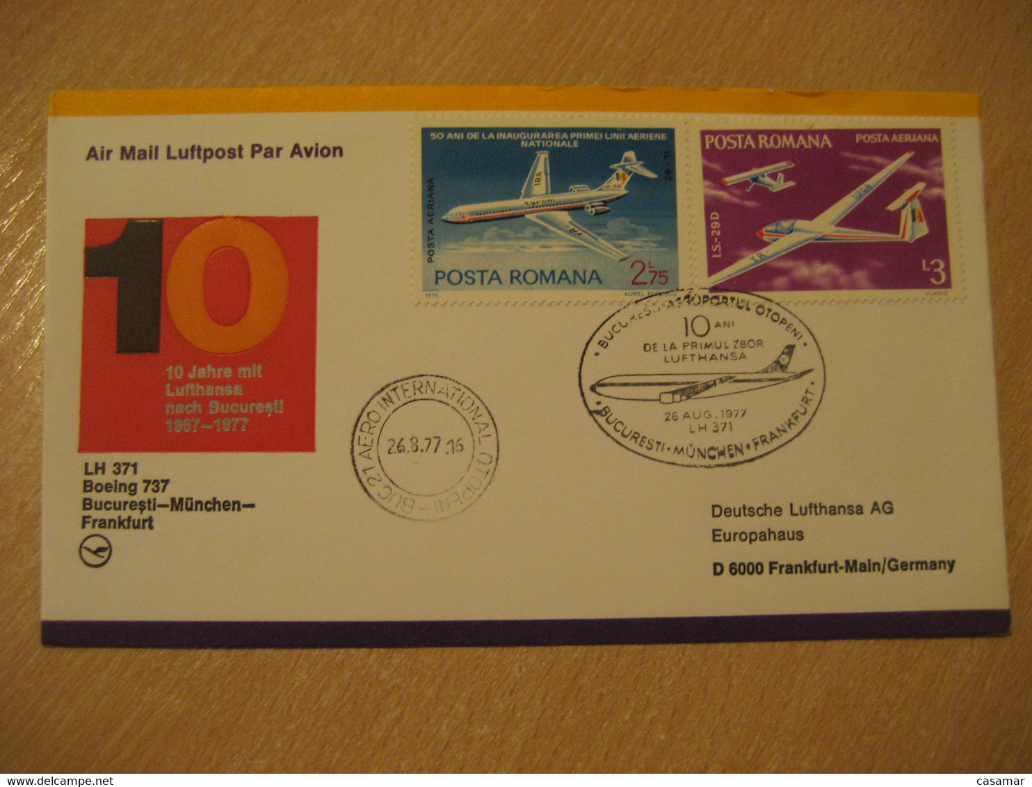 BUCHAREST Munich Frankfurt 1977 Lufthansa Airlines Airline First Flight Black Cancel Cover ROMANIA GERMANY - Covers & Documents