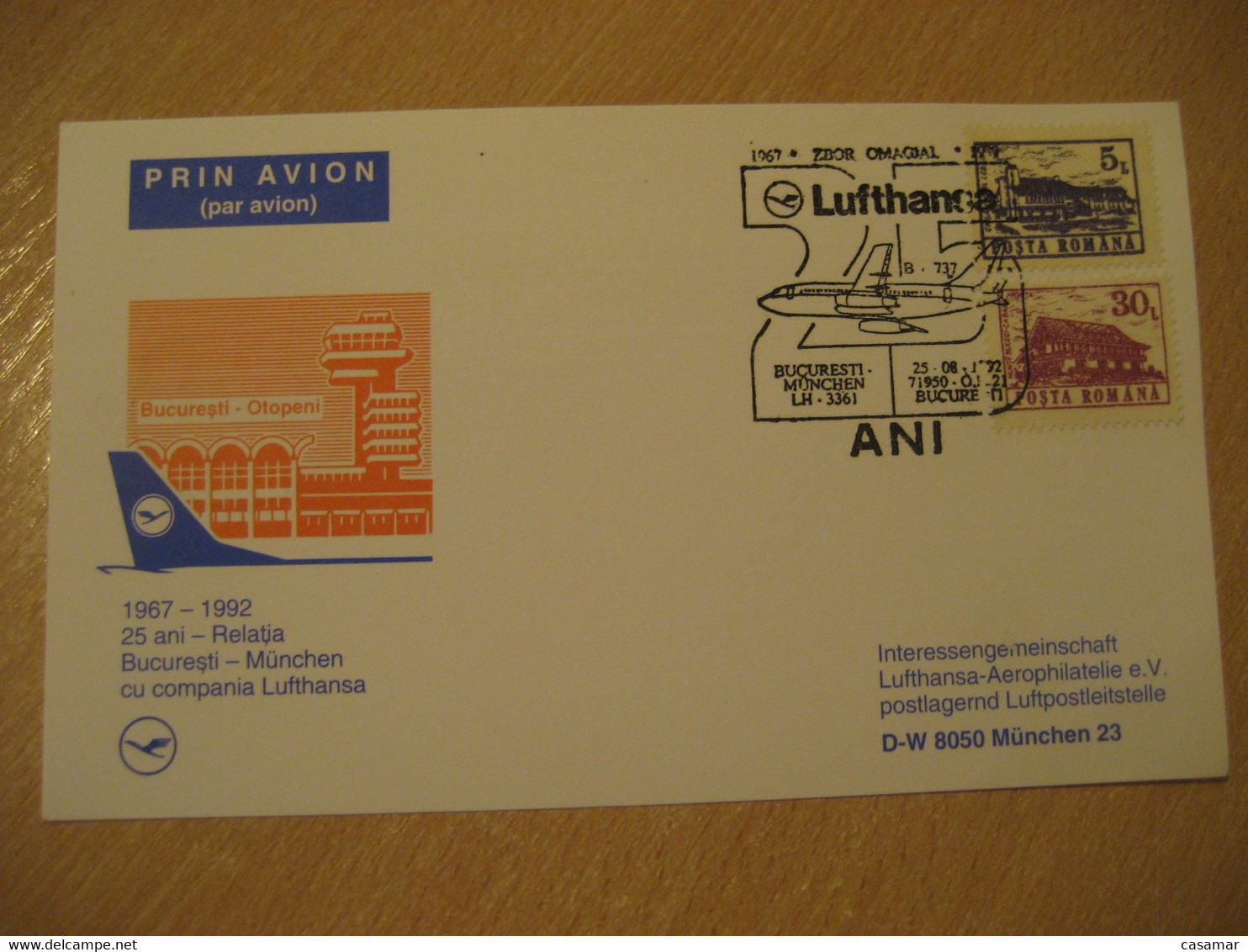 BUCHAREST Munich 1992 Lufthansa Airlines Airline 25 Year First Flight Black Cancel Card ROMANIA GERMANY - Covers & Documents