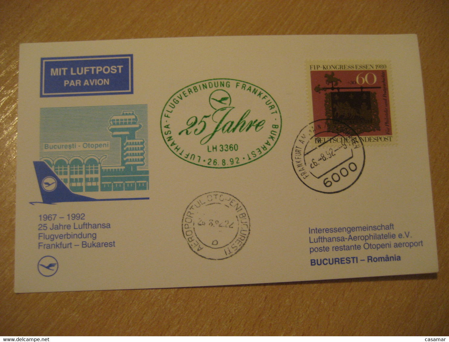 BUCHAREST Frankfurt 1992 Lufthansa Airlines Airline 25 Year First Flight Green Cancel Card ROMANIA GERMANY - Lettres & Documents