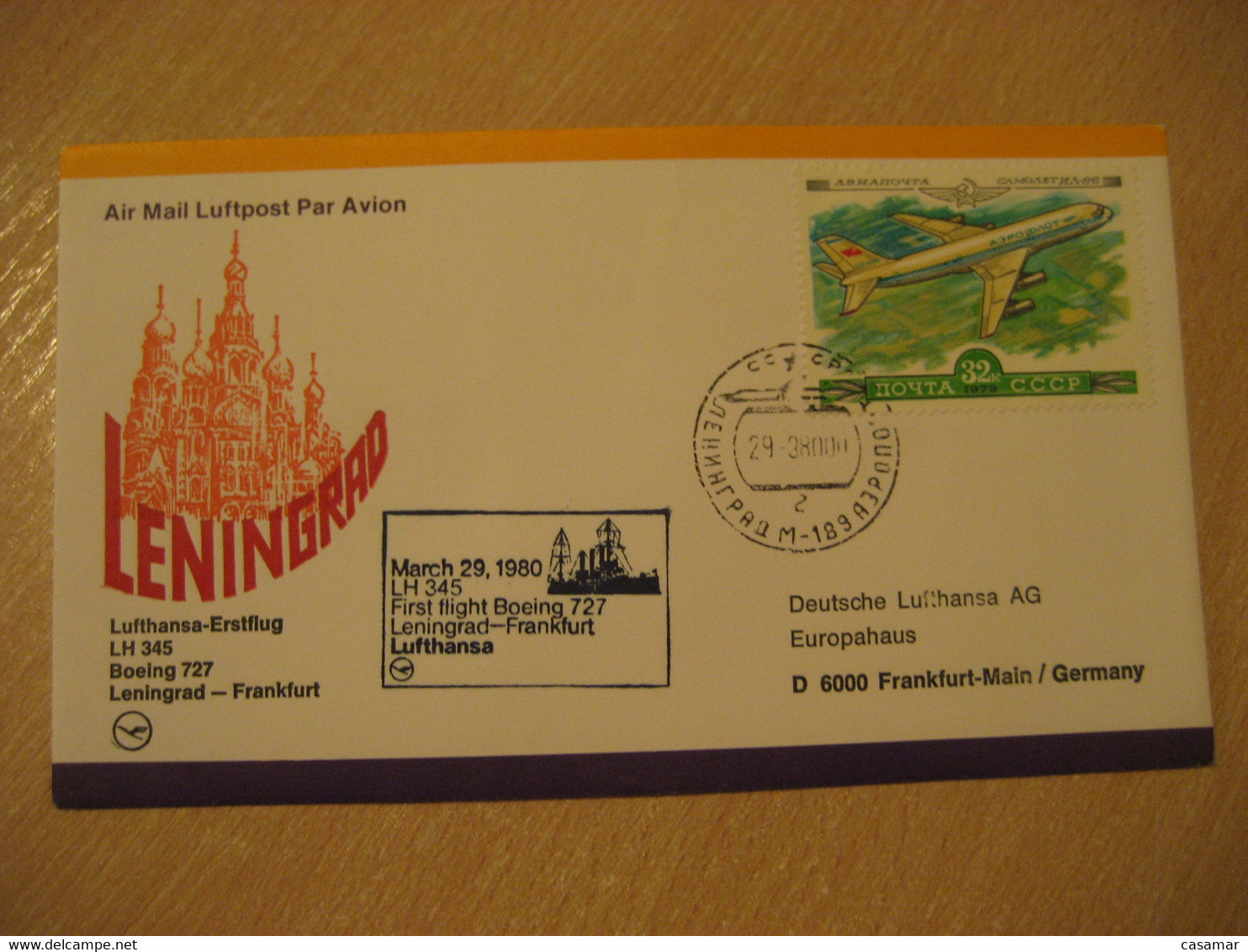 SAINT PETERSBURG Frankfurt 1980 Lufthansa Airlines Boeing 727 First Flight Black Cancel Cover RUSSIA USSR GERMANY - Lettres & Documents