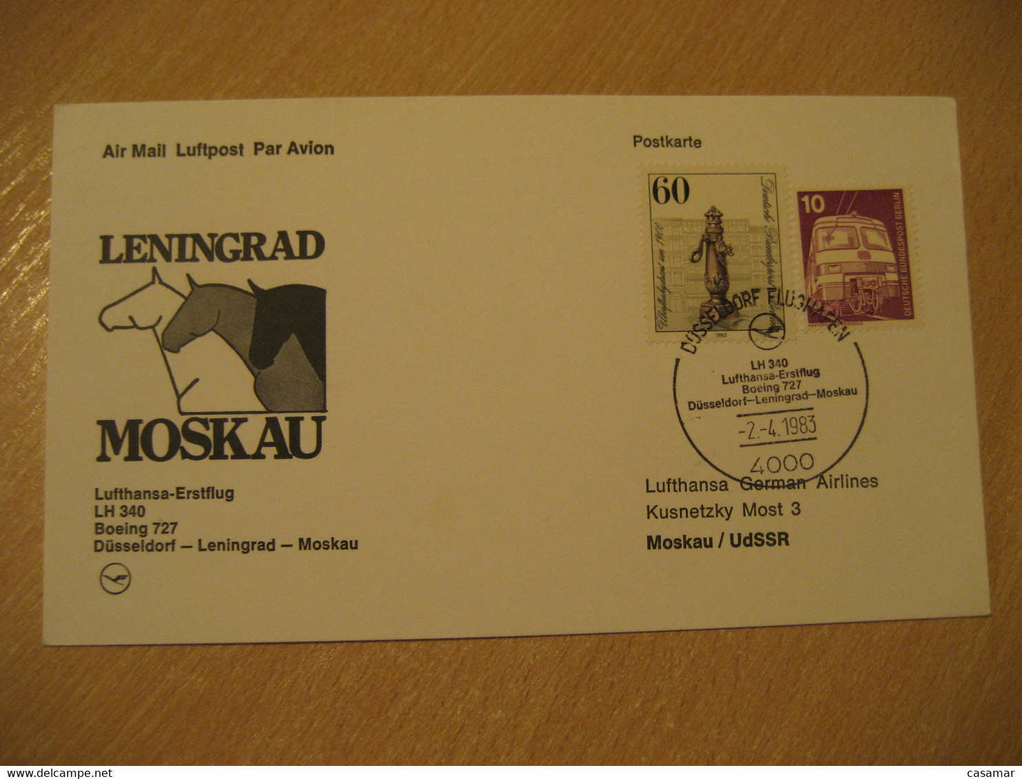 SAINT PETERSBURG MOSCOW Dusseldorf 1983 Lufthansa Airlines Boeing 727 First Flight Black Cancel Card RUSSIA USSR GERMANY - Lettres & Documents