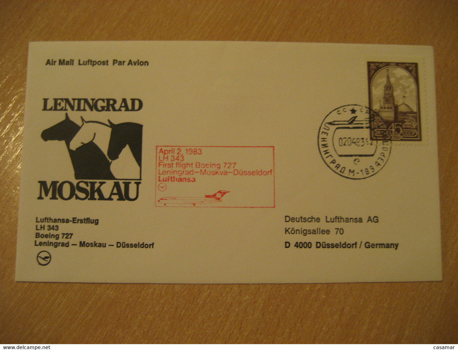 SAINT PETERSBURG MOSCOW Dusseldorf 1983 Lufthansa Airlines Boeing 727 First Flight Red Cancel Cover RUSSIA USSR GERMANY - Covers & Documents