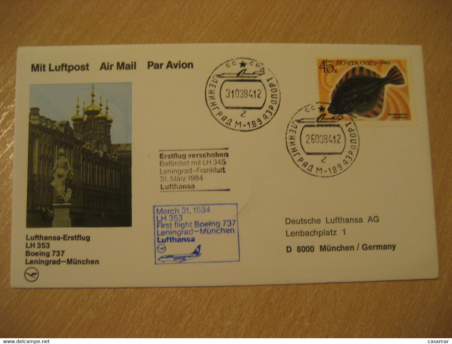 SAINT PETERSBURG Munich 1984 Lufthansa Airlines Airline Boeing 737 First Flight Blue Cancel Cover RUSSIA USSR GERMANY - Lettres & Documents