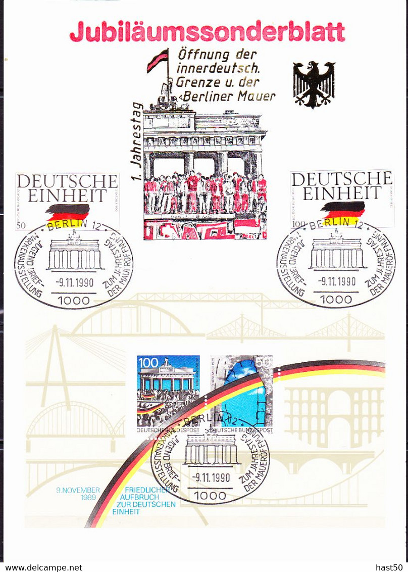 BRD FGR RFA - Sonderblatt Zum 1. Jahrestag Des Mauerfalls Mit (MiNr: 1477/8+Bl. 22) 1990 - Siehe Scan - Storia Postale