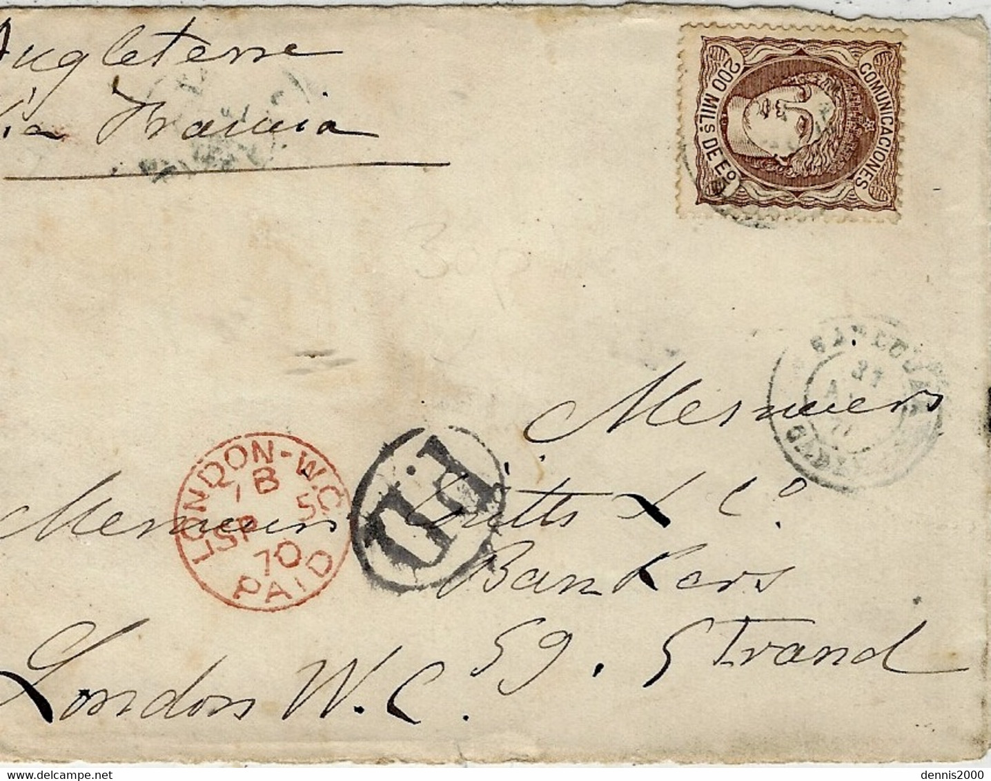 1870 - Front Of Cover From Spane  To England   Affr. 200 M. Y & T N°109 - Other & Unclassified