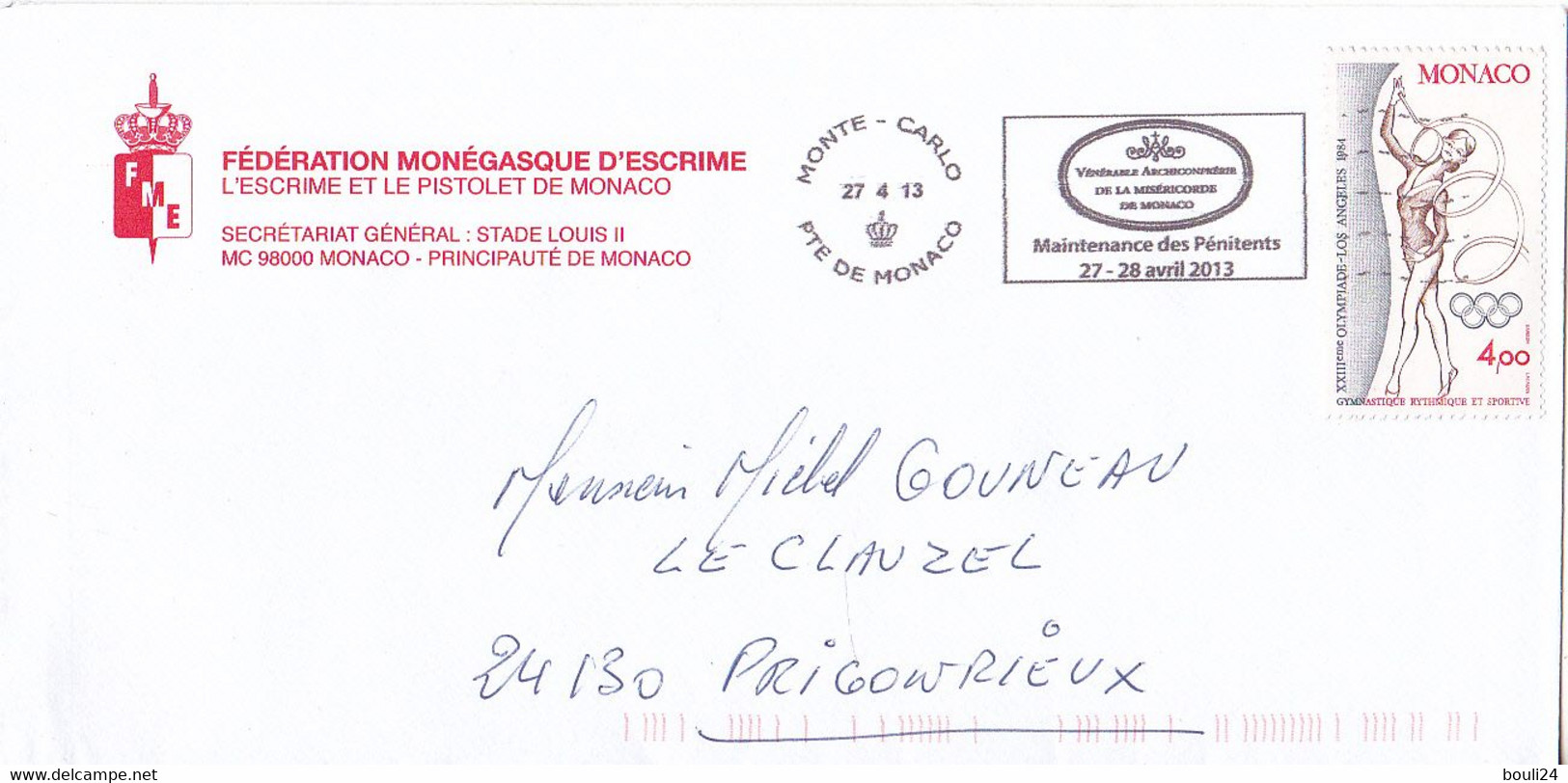 MONACO LETTRE FEDERATION MONEGASQUE D'ESCRIME ET PISTOLET - TIMBRE TURBAN  GYMNASTIQUE  2013 - Autres & Non Classés