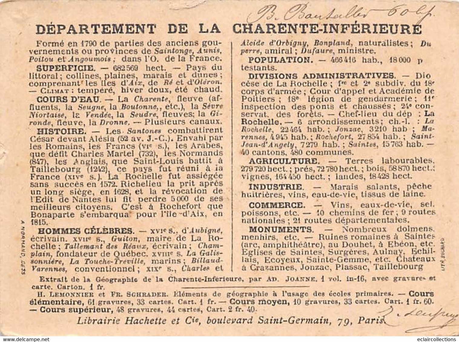 Non Classés. Image    Charente Maritime Descriptif Du Département . Format 11.5x8.5 Hachette     (voir Scan) - Altri & Non Classificati