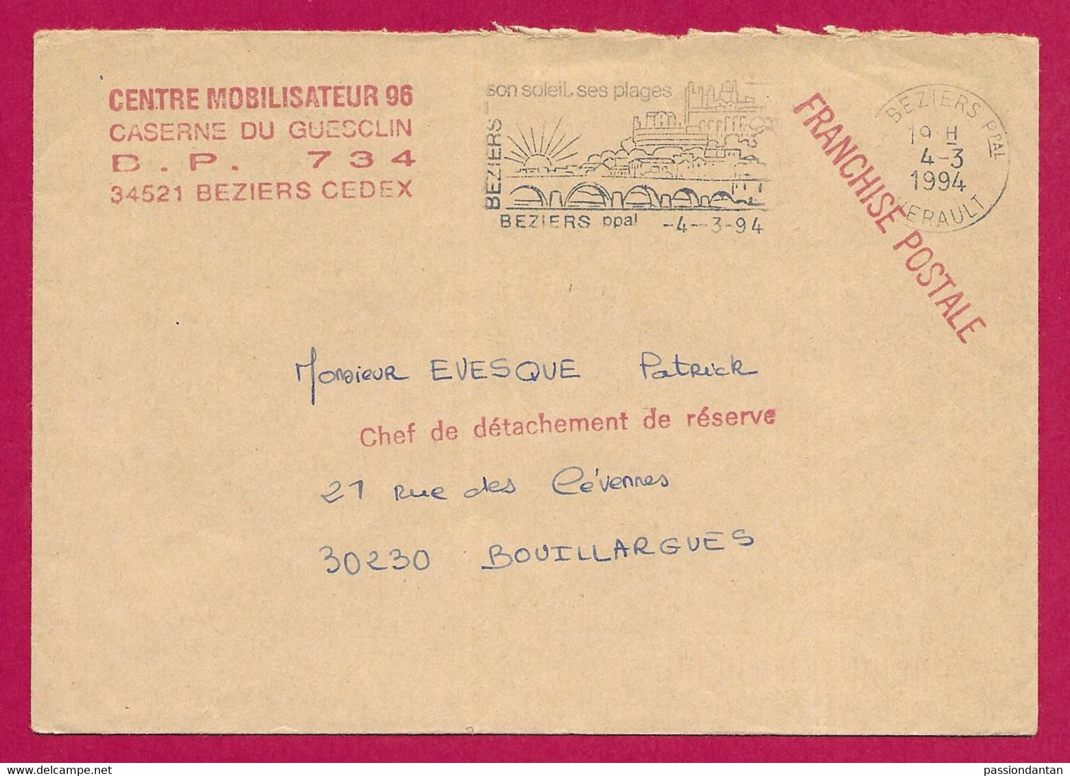 Deux Enveloppes En Franchise Postale - Hérault - Béziers - Centre Mobilisateur 96 Sis Quartier Du Guesclin - Sellos Militares Desde 1900 (fuera De La Guerra)