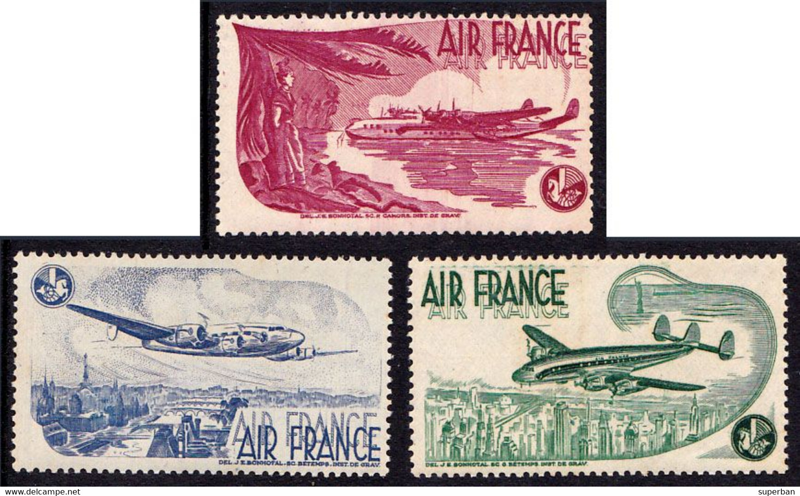 AIR FRANCE : 3 VIGNETTES - SANS CHARNIÈRE / 3 CINDERELLAS - NEVER HINGED - ANNÉE / YEAR ~ 1945 - '948 (ag078) - Aviation