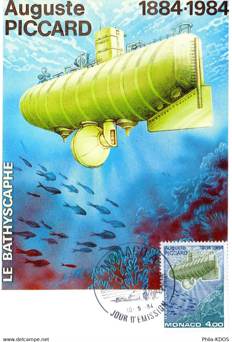 " AUGUSTE PICCARD : LE BATHYSCAPHE " Sur Carte Maximum De MONACO De 1984 N° YT 1428 Parfait état CM - Sous-marins