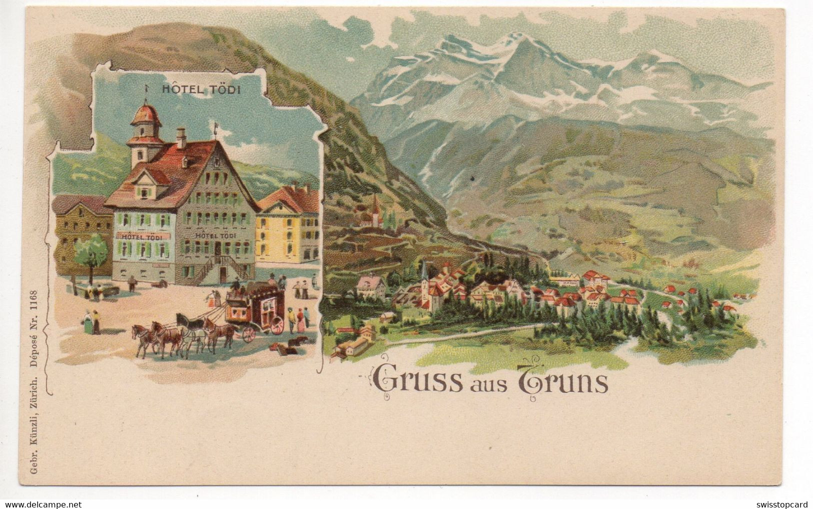 LITHO Gruss Aus TRUNS Hôtel Tödi Postkutsche Diligence - Trun