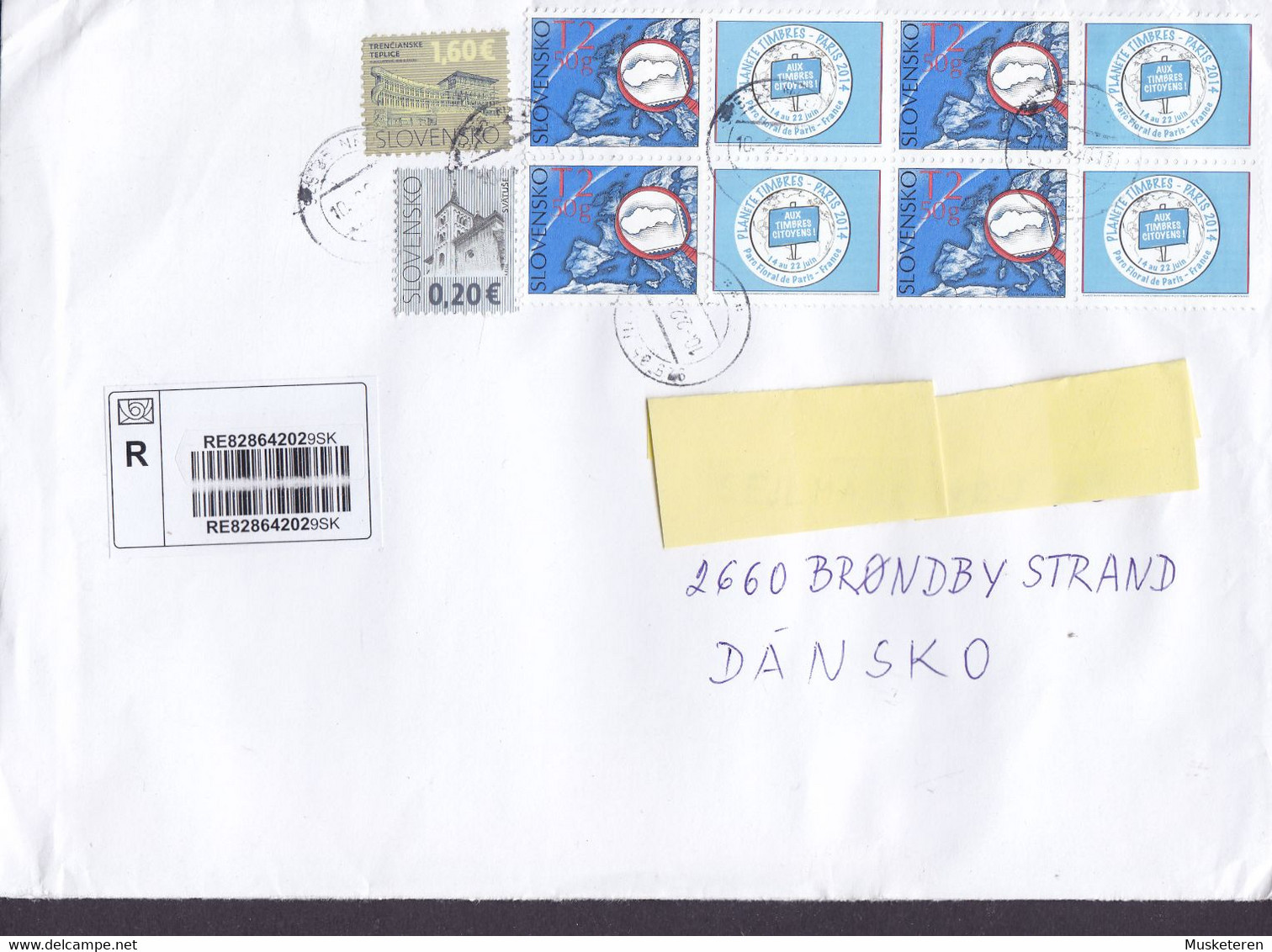 Slovakia Registered Einschreiben Label NEDED 2020 Cover Brief BRØNDBY STRAND Denmark 1.60€ Trencianske Teplice & 8-Block - Lettres & Documents