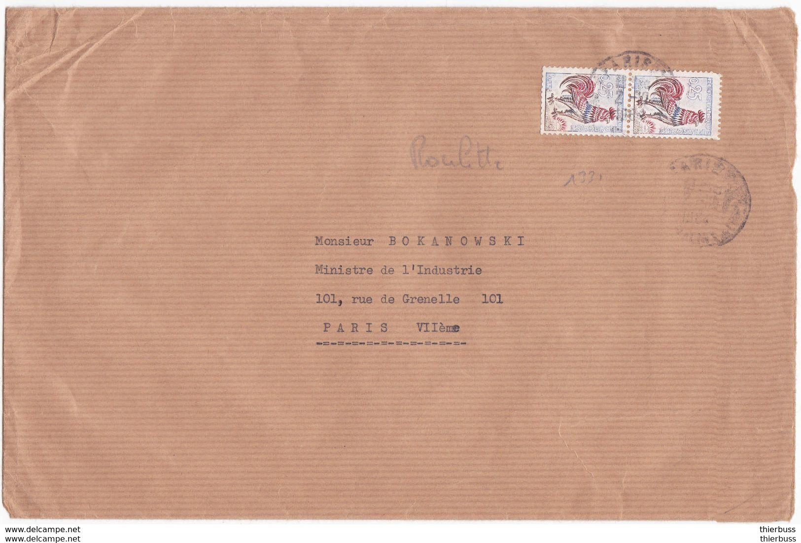 Coq 0.25f Paire De Roulette Sur Lettre 1964 Paris - 1962-1965 Hahn (Decaris)