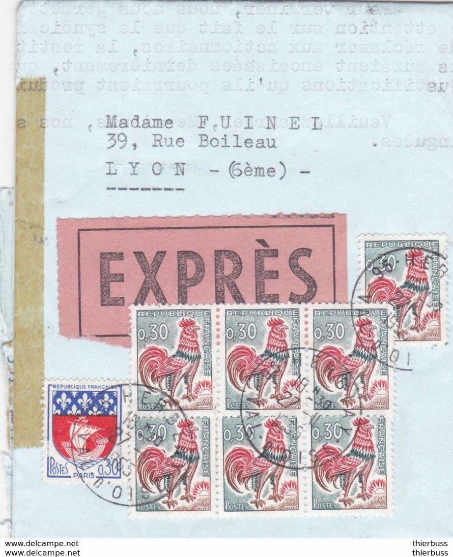 Coq Blason Paris Expres 1965 Herblay Val D'oise Pour Lyon Verso TAD Paris Clignacourt Courrier De Parigras - 1962-1965 Haan Van Decaris